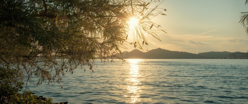 Gorgeous water landscape at dusk under sunshine, showcasing sea, lake, or river as a natural beauty