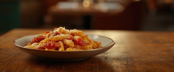 Penne pasta made from wholemeal with roasted tomatoes and cheese against a wooden background at a dining table