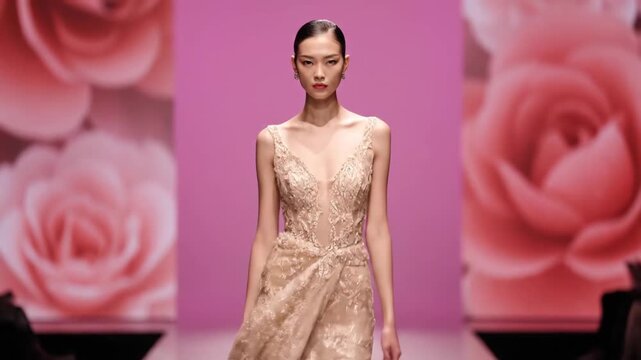 Elegant Fashion Model Walking Runway in Luxury Evening Gown With Floral Backdrop
