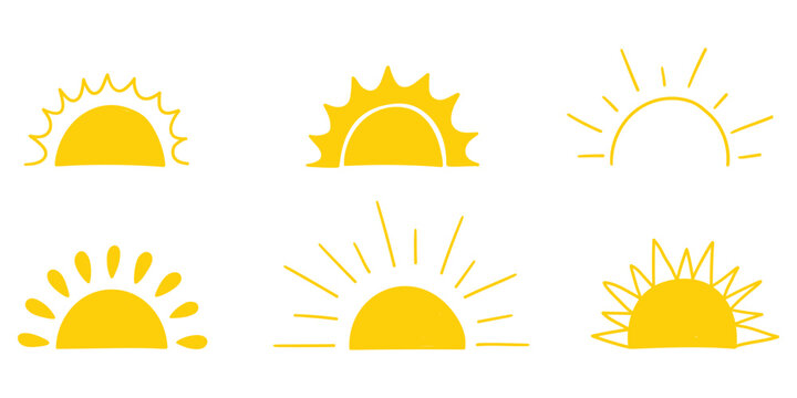 Hand-drawn doodle set of yellow half sun sunset or sunrise on white background.