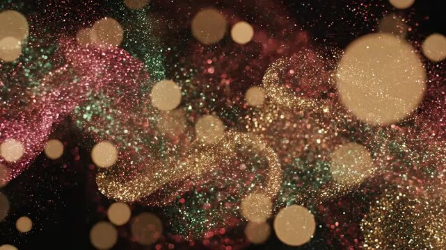 Seamless loop abstract background of vibrant red gold and green glittering particles forming large soft focused bokeh light spheres soft focused, celebration, gold