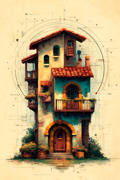Ilustraci&oacute;n vintage de fachada italiana con trazos de acuarela, dibujo de casa mediterr&aacute;nea r&uacute;stica con esquemas arquitect&oacute;nicos