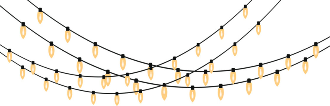 Warm christmas string lights on black cables, isolated on transparent background