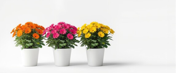 Fototapeta premium Colorful Gerber flowers in row pots on a white backdrop