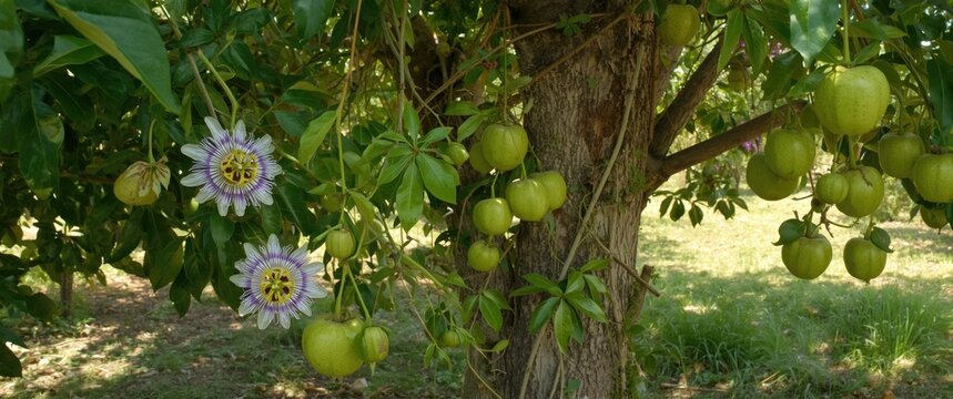 Fruity green passion fruit and flowers in a summer orchard setting