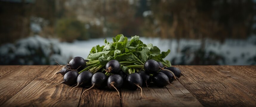 Market scene with black radishes lined up for purchase