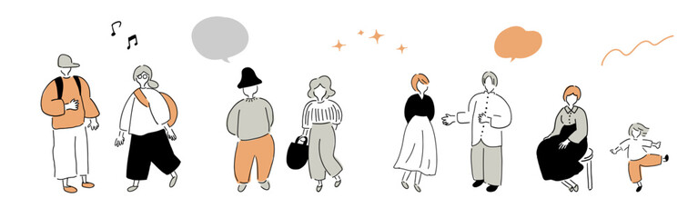 いろんな年齢の人々_カップル,男性,女性,キッズ,シニア,おしゃべり＆ハミング＆いい時間｜グレー&times;やわらかオレンジ,ハンドドローイング,ベクターイラスト｜People of all ages,vector illustration
