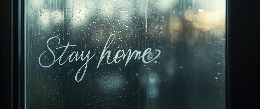 Close-up of 'Stay Home' written on wet window glass in daylight - full-frame image with selective focus