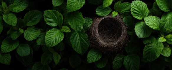 Fototapeta premium A birdos nest among lush leaves signifies new beginnings.