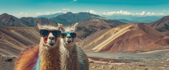 Obraz premium Hilarious llamas with sunglasses on Rainbow Mountain (Vinicunca), Peru