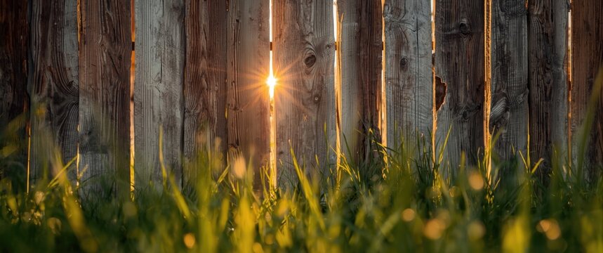 The sun's rays shine through the gaps and fissures of a weathered board wall