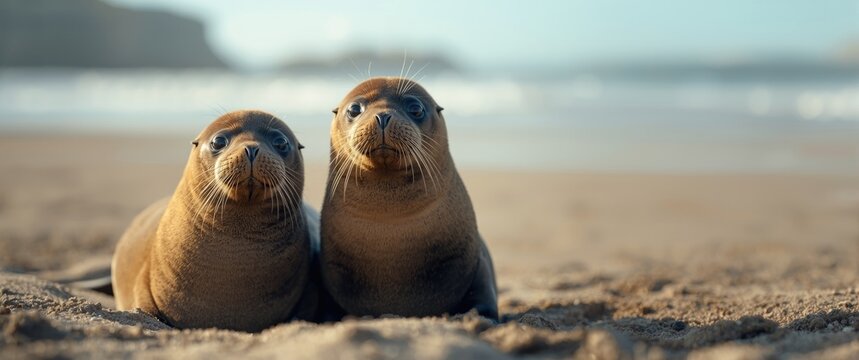 Close-up of a pair of Cape fur seals in a nature reserve near the Atlantic coast, highlighting brown fur seals and eared seals in their natural environment, marine wildlife of Southern Africa