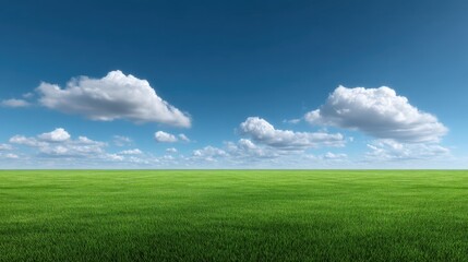 Fototapeta premium Expansive Green Field Under Bright Blue Sky with Fluffy Clouds Reflecting Peace and Tranquility in Nature's Beautiful Landscape