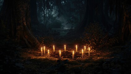 Naklejka premium Flickering candles among trees in a dark natural background, highlighting spiritual rituals and esoteric practices, World Spirituality Day