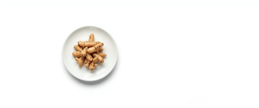 Kencur, also known as Kaempferia galanga rhizomes, aromatic ginger, sand ginger, with earthy dirt, served on a white small plate