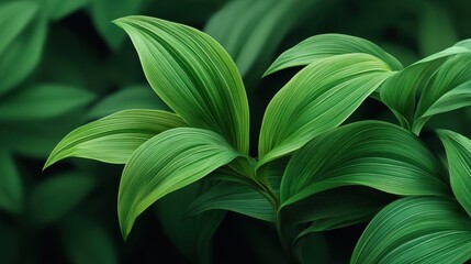 Obraz premium Lush Green Leaves with Intricate Veins and Soft Texture Against Dark Background for Natural Beauty and Serenity Concepts