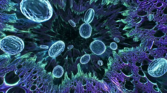 Abstract visualization of microscopic cells floating in a vibrant, colorful environment. Represents the complexity of life and biological processes at a cellular level