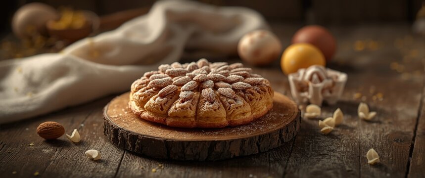 Sugared almond-topped Easter pastry on a wooden table