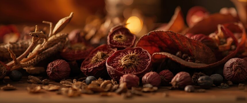 Vertical view of dried fruits and karkade leaves captured macro