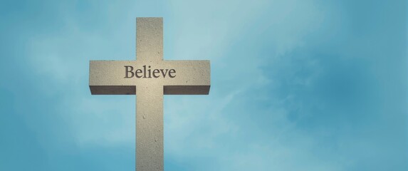 Belief inscription on stone cross against blue background, Copy space. Christian setting. Biblical faith, gospel, salvation theme