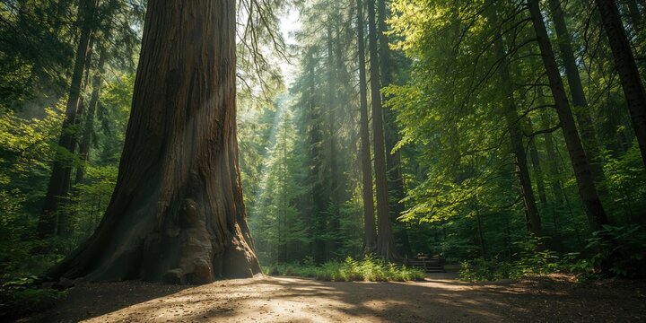 Ancient Douglas fir and Western Red Cedar trees forming a dense canopy in a forest, highlighting biodiversity