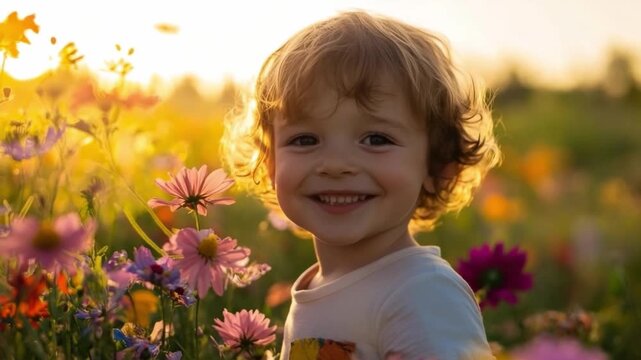 A joyful child surrounded by colorful flowers in a sunny field. Radiating happiness and innocence, this scene captures the beauty of nature. Generative AI