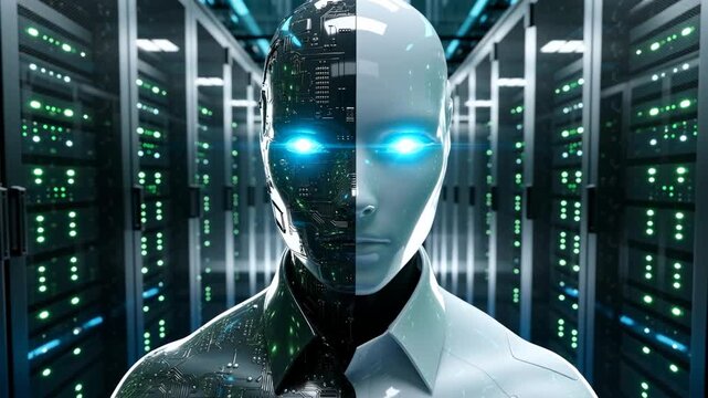 AI Humanoid Robot with Glowing Blue Eyes in Data Center Server Room