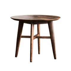 Mid Century Modern Round Wooden Side Table With Tapered Legs And A Cross Stretcher Base