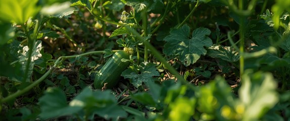 Fototapeta premium Green tiny cucumber nestled in leaves on a bush
