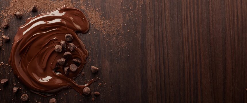 Melted chocolate with swirl, chips, powder, and stacking layers on dark table surface, including splash, candy, bar, sauce, confectionery, handcrafted icing