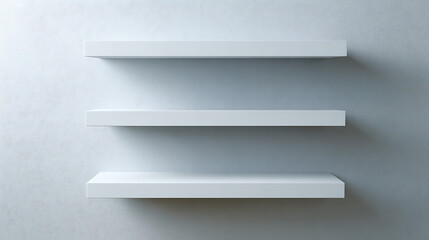 Clean White Floating Shelves Mounted on Textured Gray Wall with Soft Light and Shadow Play, Ideal for Product Display and Interior Design Mockups