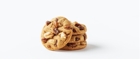 Obraz premium Raisin and Macadamia Nut Cookies stacked on a white backdrop