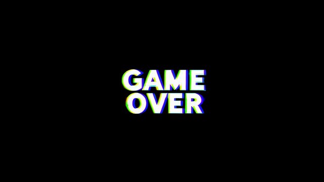 Glitch effect displaying the phrase "Game Over" on a black background. Represents the conclusion of a gaming session or challenge, evoking feelings of defeat and finality