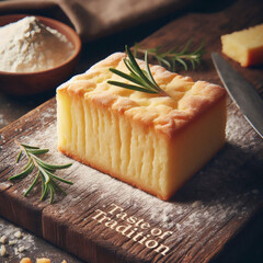 Rustic Square Of Honeycomb Textured Cake Garnished With Rosemary On A Wooden Board