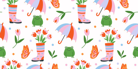 Naklejka premium Seamless spring pattern with cute frog, umbrella, rubber boot and flower. Playful pastel flat illustration with butterfly and nature elements for kid textile, wrapping paper and decorative surface 