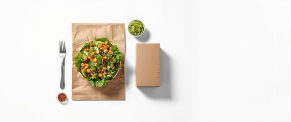 Fototapeta premium Mockup design of salad, bag, and container box set isolated on white background. Space for text and logo. Clipping Path included.