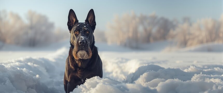 Beautiful winter portrait of German hunting watchdog drahthaar