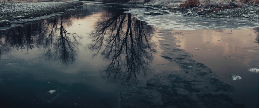In winter's chill, the trees' reflections are visible in the dark waters of River Salaca close to Salacgriva, decorated with snow and ice
