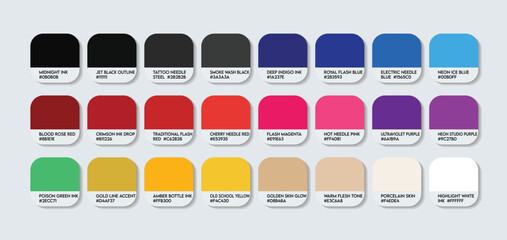 Professional Tattoo artist Color Palette. 24 HEX Codes and Names for Professional Tattoo Artists. Professional Color Guide for Tattoo Artists. Luxury Tattoo Colors. HEX Codes for Creative Tattoos Work
