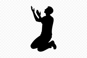 Kneeling Man Silhouette Vector: Male Figure Praying or Worshiping with Hands Reaching Upwards. Isolated Graphic Representing Hope, Faith, Spirituality, Devotion, and Emotional Expression.
