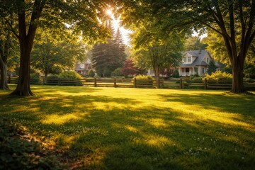 Fototapeta premium Sunlit summer park featuring grass and homes seen beyond fence