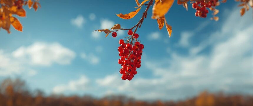Autumn scene with stunning red rowan berries and a blue sky
