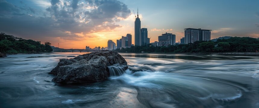 Twilight Scene of Tofu Rock and River Flow on the River Bank in Toucian (Touchien) River, Hsinchu, Taiwan