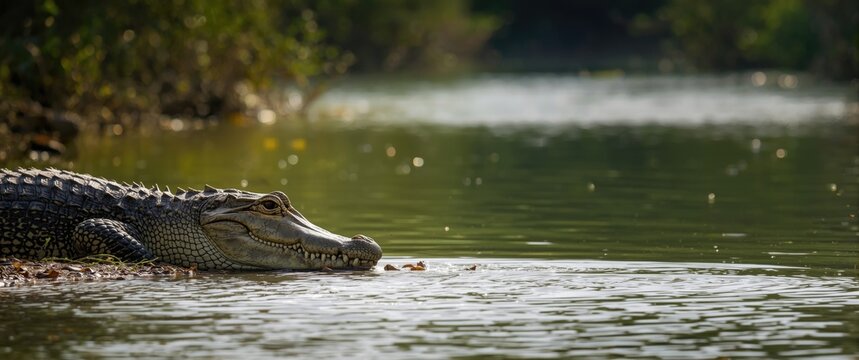 Crocodile from India basking on Chambal river banks during boat safari at gharial wildlife refuge