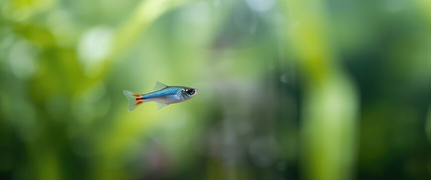 Paracheirodon innesi Neon fish on a fish tank with blurred backdrop