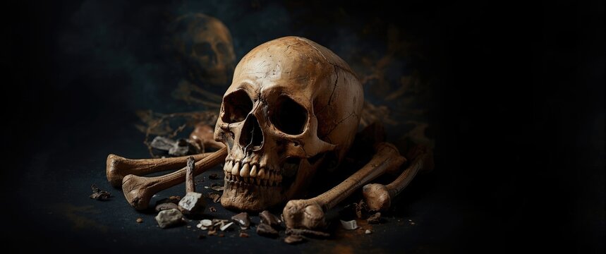 Dark backdrop featuring pirate bones and skull