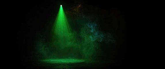 Fototapeta premium Projector spotlight in green hue with smoke textured background, featuring light beam screening and glow for cinema and multimedia film production in a dark black room at night, wide lens perspective