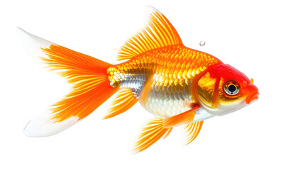 Fototapeta premium Goldfish swimming in isolation, viewed from the side, against a plain background, in a photographic image