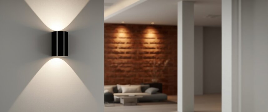 Modern black cylindrical wall sconce providing striking up-and-down lighting against white wall, with terracotta brick pattern creating architectural contrast in contemporary space