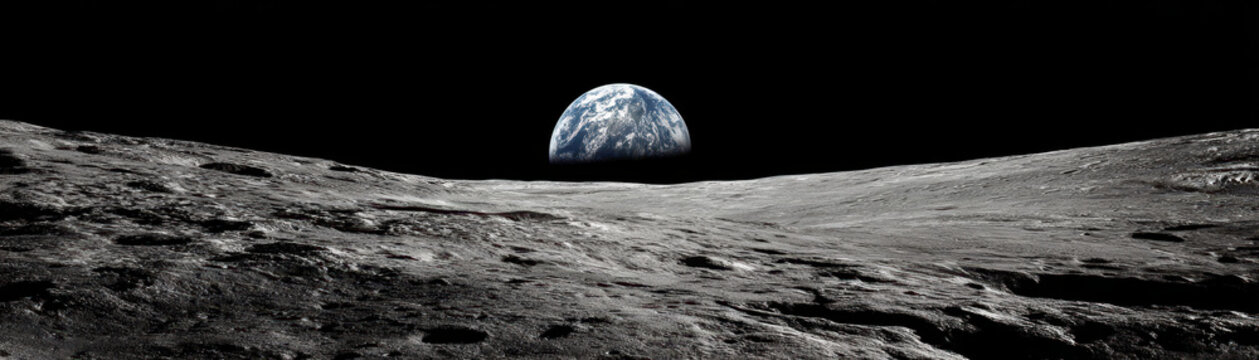 Moon landing viewpoint earthrise over lunar surface outer space photography cosmic environment awe-inspiring perspective